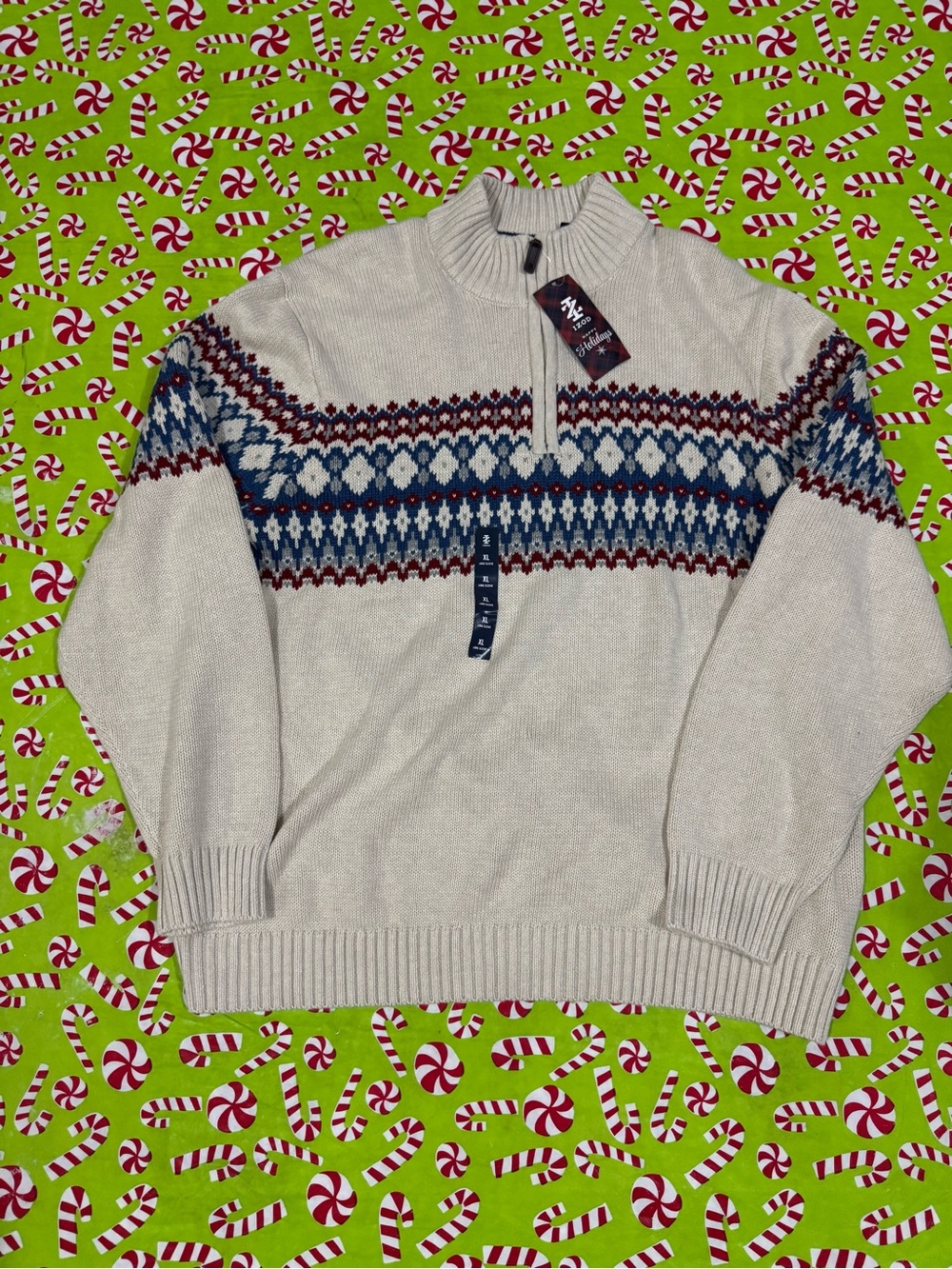Izod Cream Fair Isle Quarter-Zip Sweater with Navy & Burgundy Pattern - Picture 3 of 16